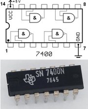 The 7400 chip, containing four NAND's. The two additional contacts supply power (+5 V) and connect the ground. 
