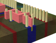 Cross-section through an integrated MOS transistor (metallic layers and dielectric removed for clarity), foreground. 